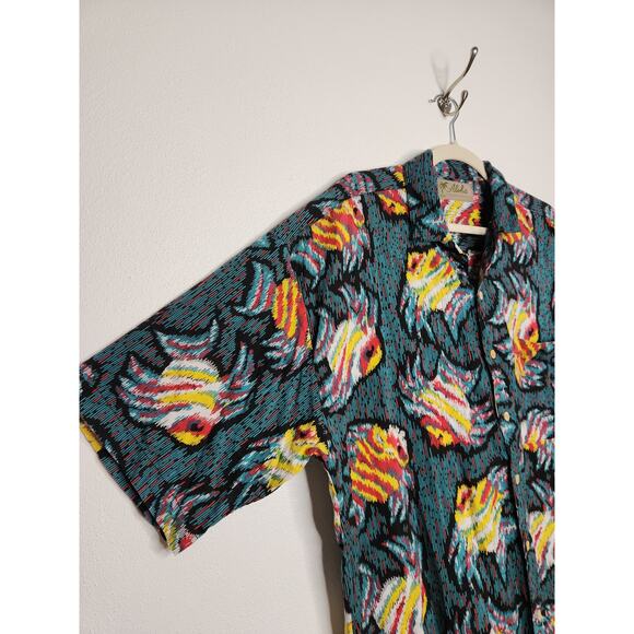 Vintage Aloha Sundays Rayon Fish All Over Surf Surfer Hawaii Button Shirt - Picture 3 of 7